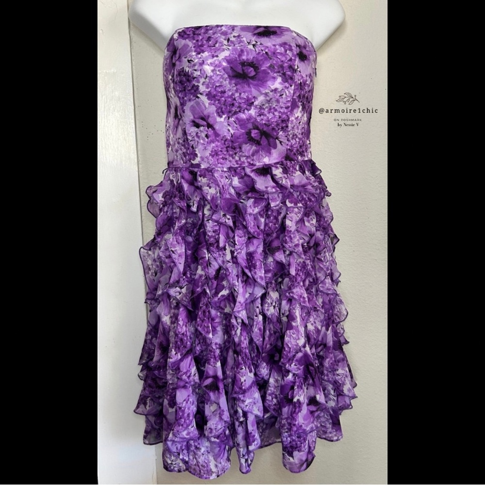 WHITE HOUSE BLACK MARKET | Purple Frill Floral Strapless Dress | Women’s Size 4
